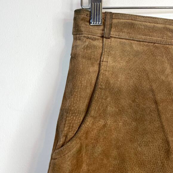 Vintage Tanner Brown Tan Suede Leather Midi A-line Snap Front Skirt Womens 8 26 - Picture 6 of 11